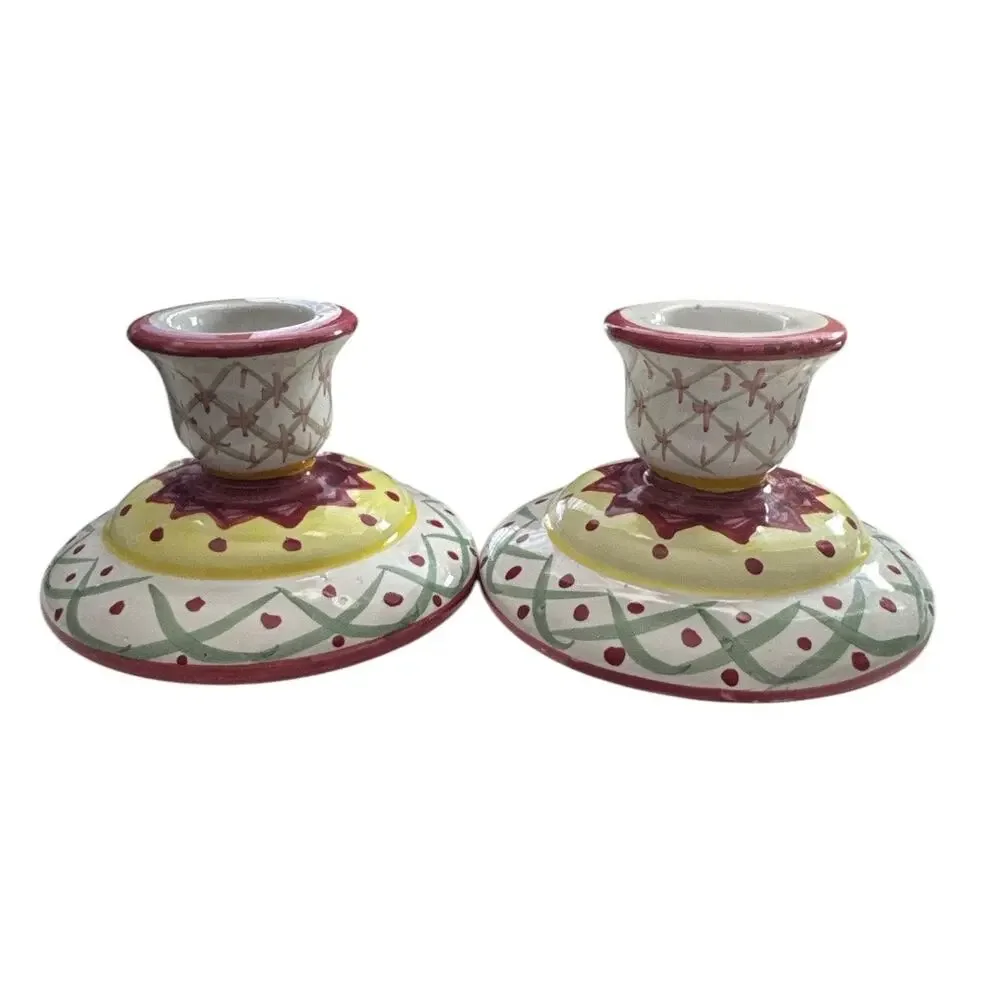 Vintage Set of 2 Boho Colorful Ceramic Candleholders￼